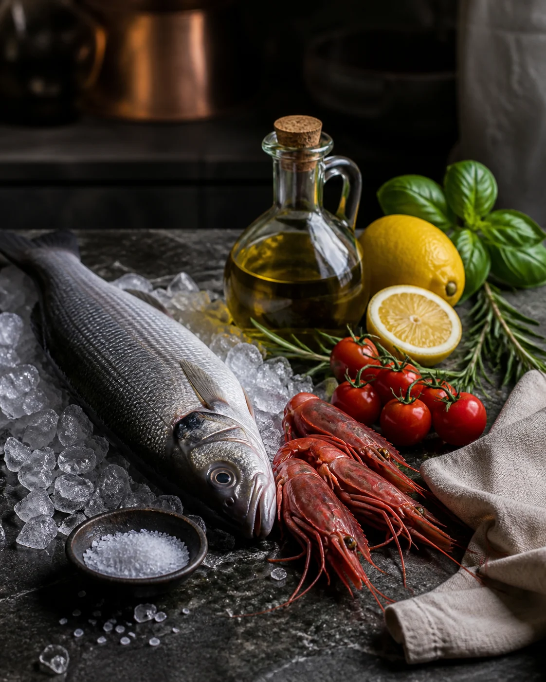 Branzino, gamberi rossi, agrumi, pomodori ed erbe mediterranee